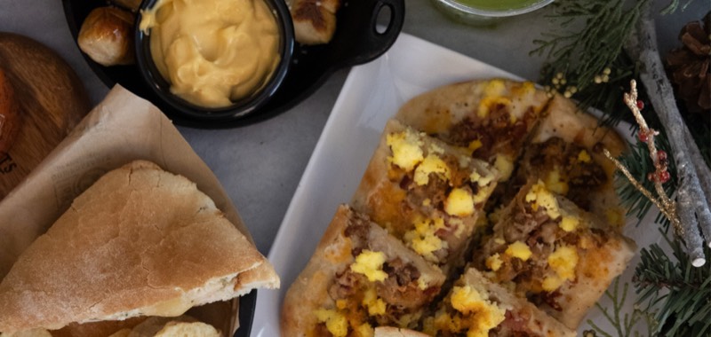 Breakfast flatbread and pastries
