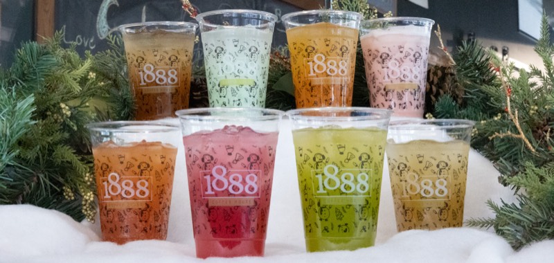 A lineup of colorful 1888 drinks